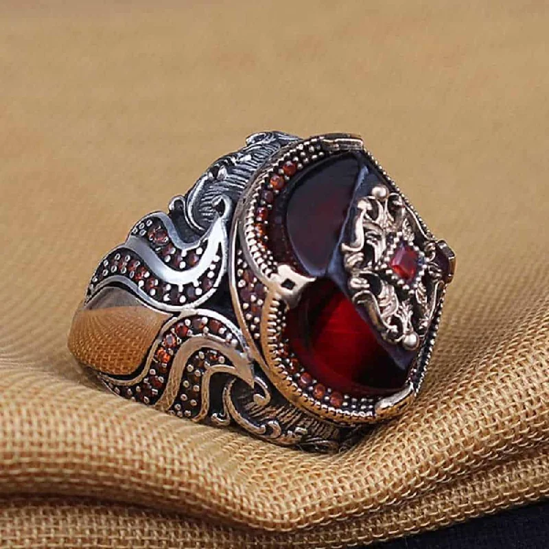 Different Cut 925 Sterling Silver Ruby Stone Mens Ring