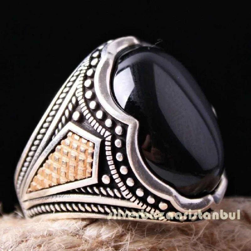 Dot 925 Sterling Silver Special Black Onyx Stone Men Man Ring