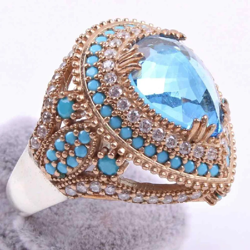 Drop Aquamarine Stone 925 Sterling Silver Women Lady Ring