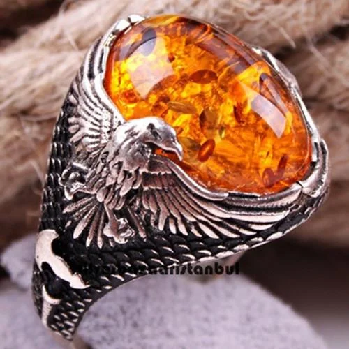 Eagle Amber Stone 925 Sterling Silver Mens Ring