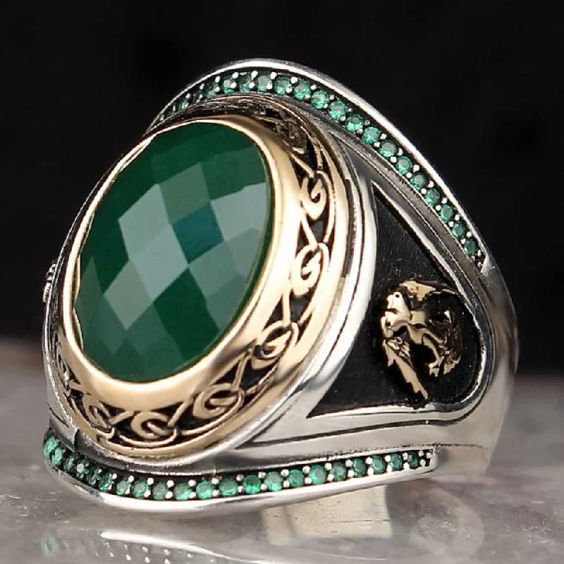 Eagle Style Great Emerald Stone 925 Sterling Silver Mens Ring