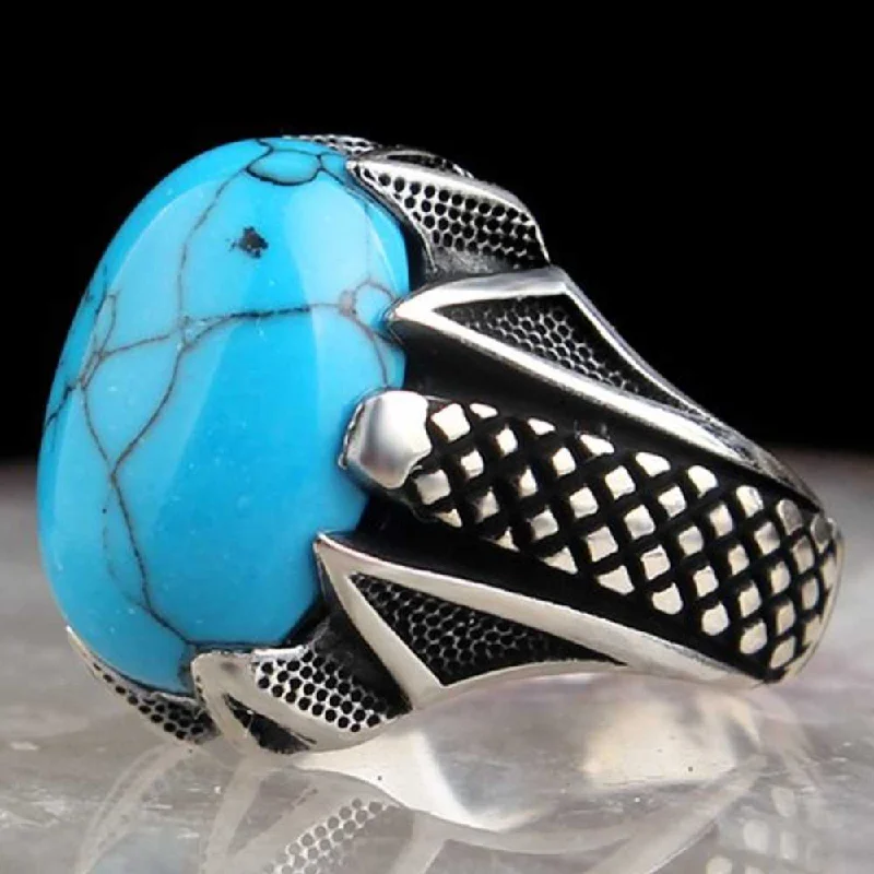 Elegant Blue Turquoise Stone 925 Sterling Silver Mens Ring