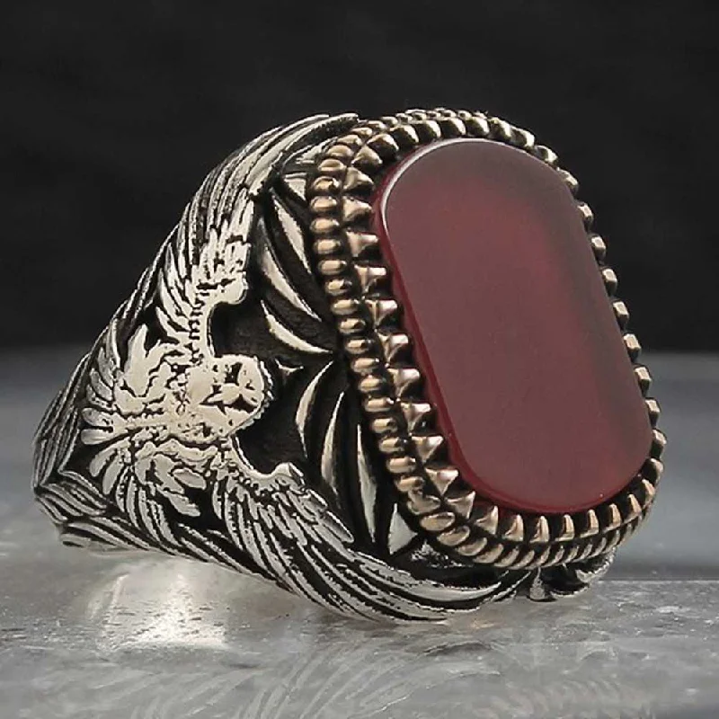 Exclusive 925 Sterling Silver Eagle Style Agate Stone Mens Ring