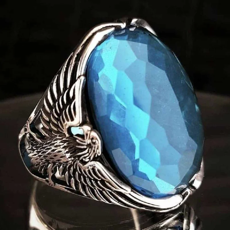 Faceted Aquamarine Luxury Cut Eagle Style 925 Sterling Silver Mens Ring