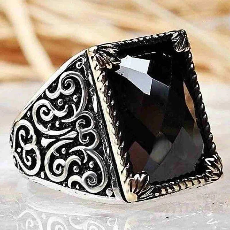 Faceted Onyx Stone 925 Sterling Silver Mens Ring