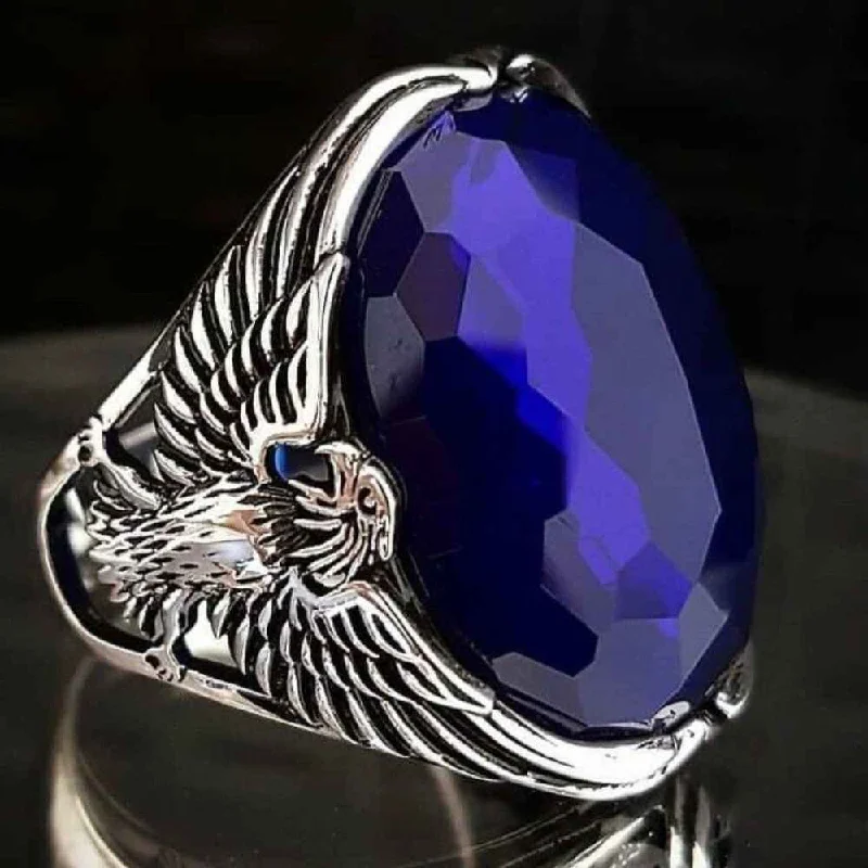 Faceted Sapphire Luxury Cut Eagle Design 925 Sterling Silver Mens Ring