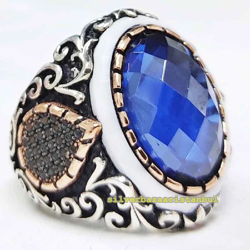 Flashy Elegant Sapphire 925 Sterling Silver Heavy Mens Ring