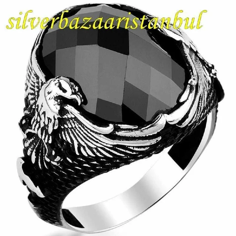 Free Eagle Design 925 Sterling Silver Onyx Stone Mens Ring