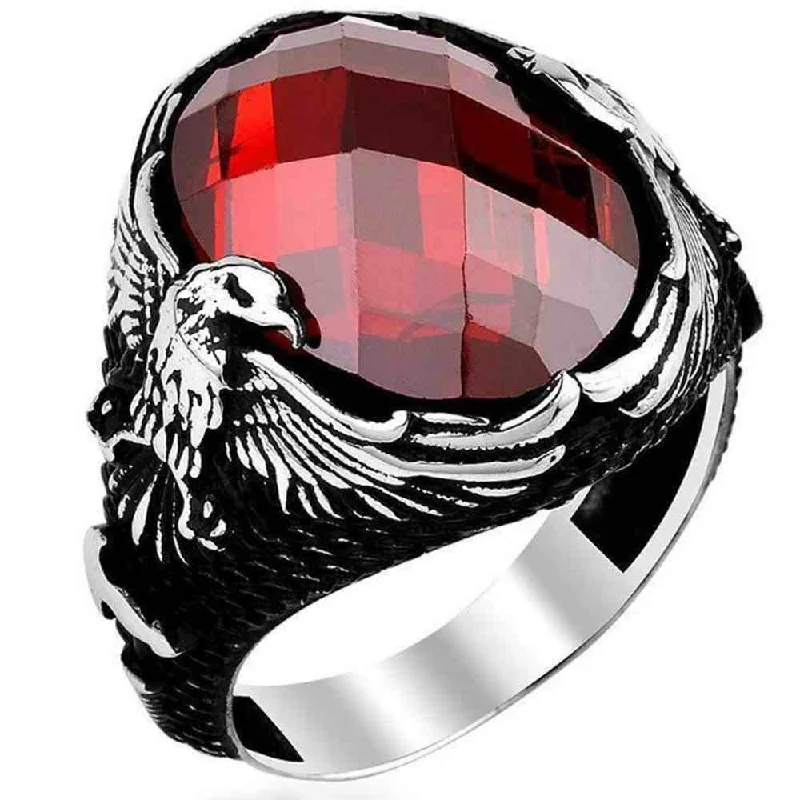 Freedom Eagle 925 Sterling Silver Ruby Mens Ring