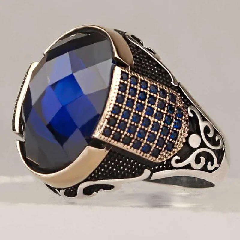 Gorgeous Blue Facet Sapphire Stone 925 Sterling Silver Mens Ring