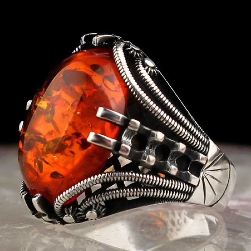 Great 925 Sterling Silver Amber Stone Turkish Mens Ring