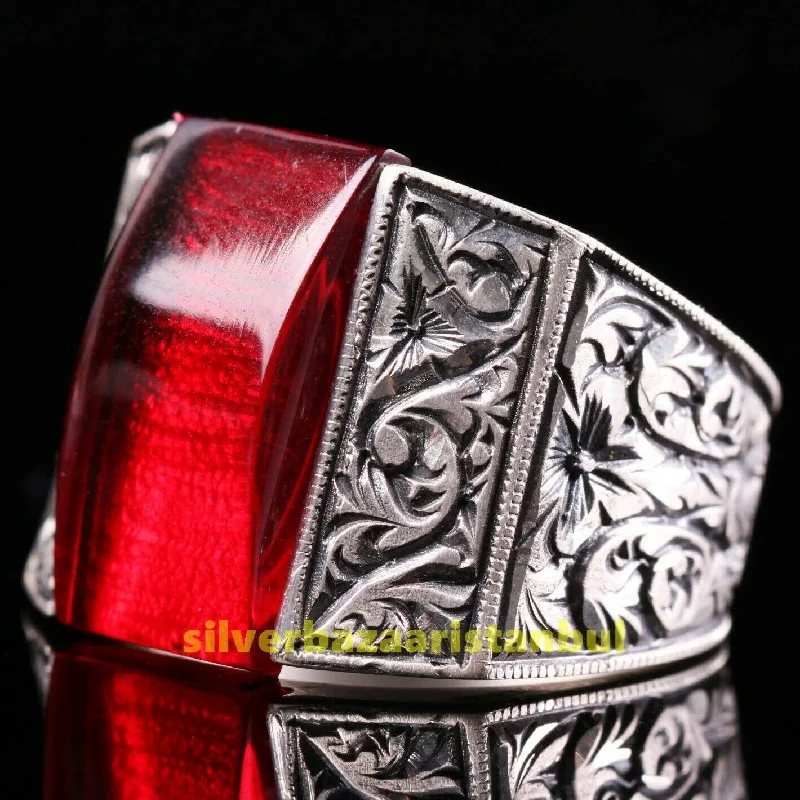 Hand Engraved 925 Sterling Silver Red Ruby Stone Unique Mens Ring