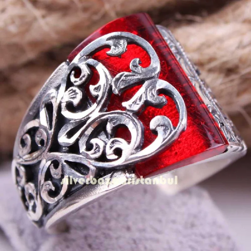 Hand Engraved 925 Sterling Silver Ruby Stone Elegant Mens Ring