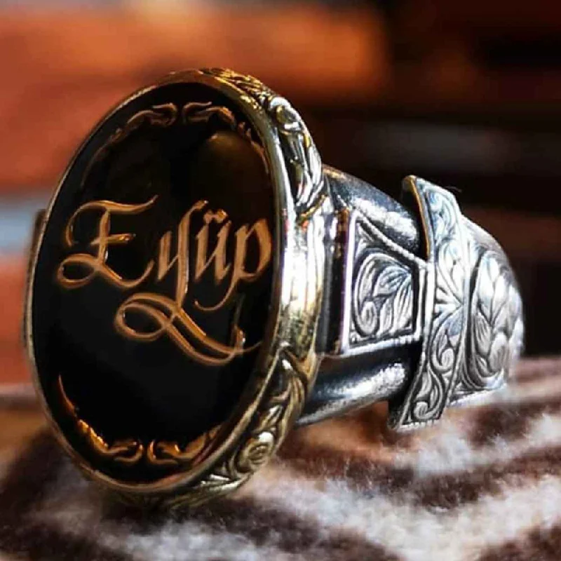 Hand Engraved Customizable Name 925 Sterling Silver Mens Ring