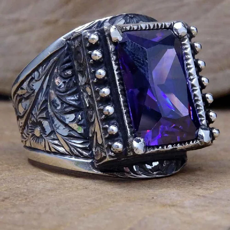 Hand Engraved Luxury 925 Sterling Silver Amethyst Mens Ring