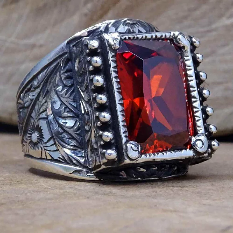 Hand Engraved Luxury 925 Sterling Silver Ruby Mens Ring