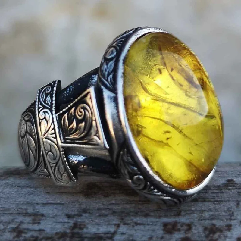 Hand Engraved Natural Drop Amber 925 Sterling Silver Luxury Mens Ring