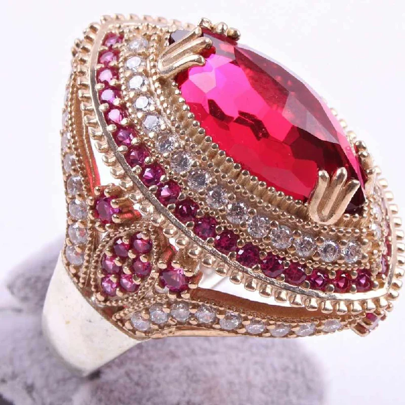 Handmade 925 Sterling Silver Big Ruby Stone Ladies Ring