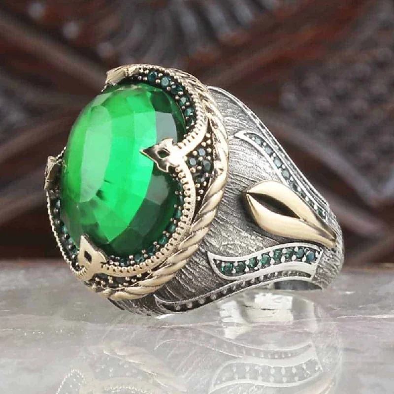 Handmade 925 Sterling Silver Drop Emerald Stone Mens Ring