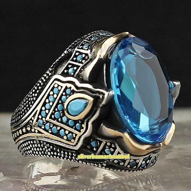 Handmade 925 Sterling Silver Fit Aquamarine Vintage Mens Ring