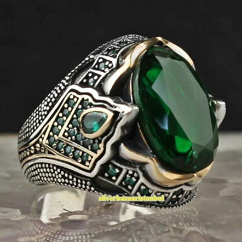 Handmade 925 Sterling Silver Fit Emerald Vintage Mens Ring