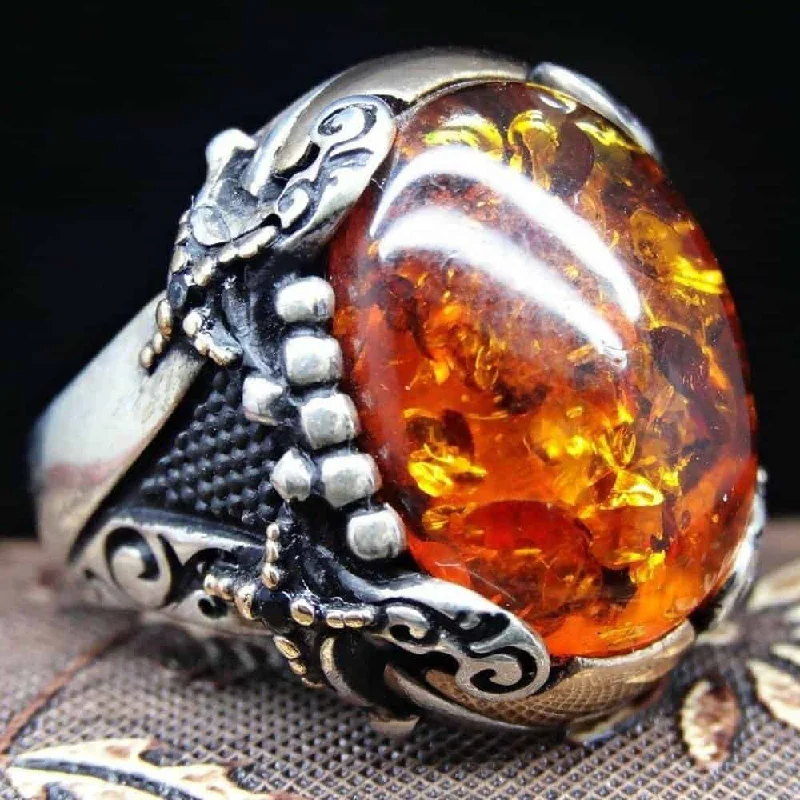 Handmade 925 Sterling Silver Natural Hard Amber Mens Ring