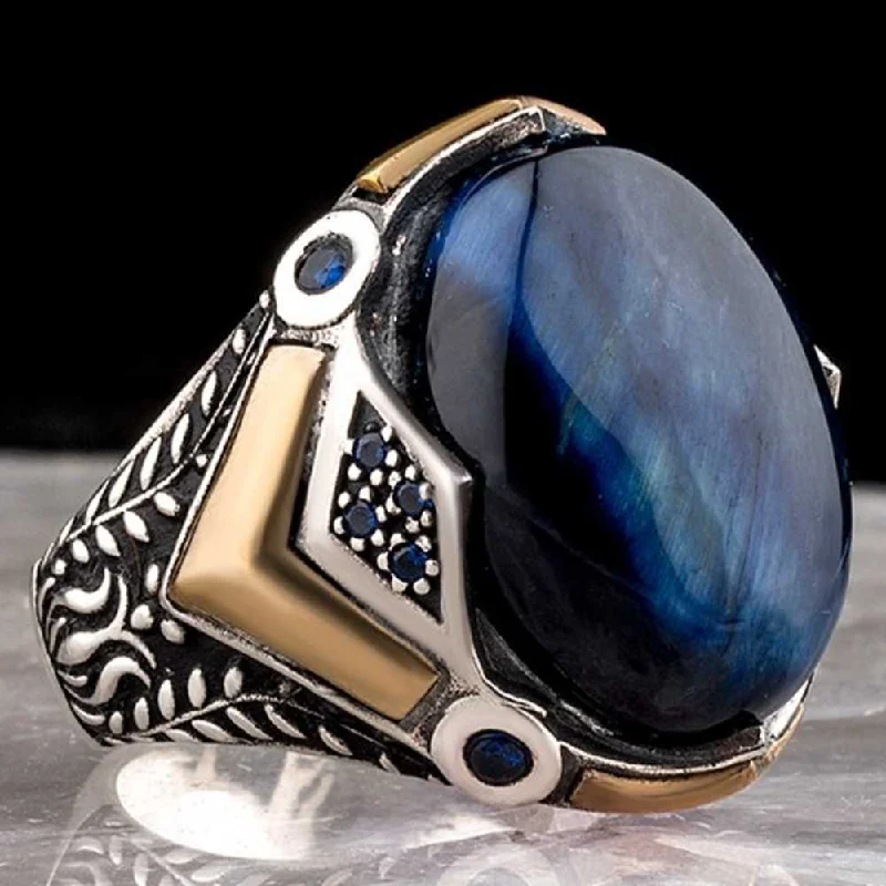 Handmade Blue Tigers Eye Elegant Design 925 Sterling Silver Mens Ring