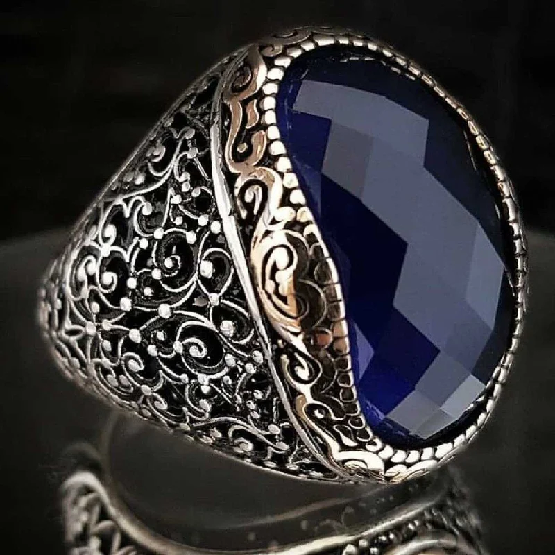 Handmade Facet Sapphire Stone 925 Sterling Silver Polite Mens Ring