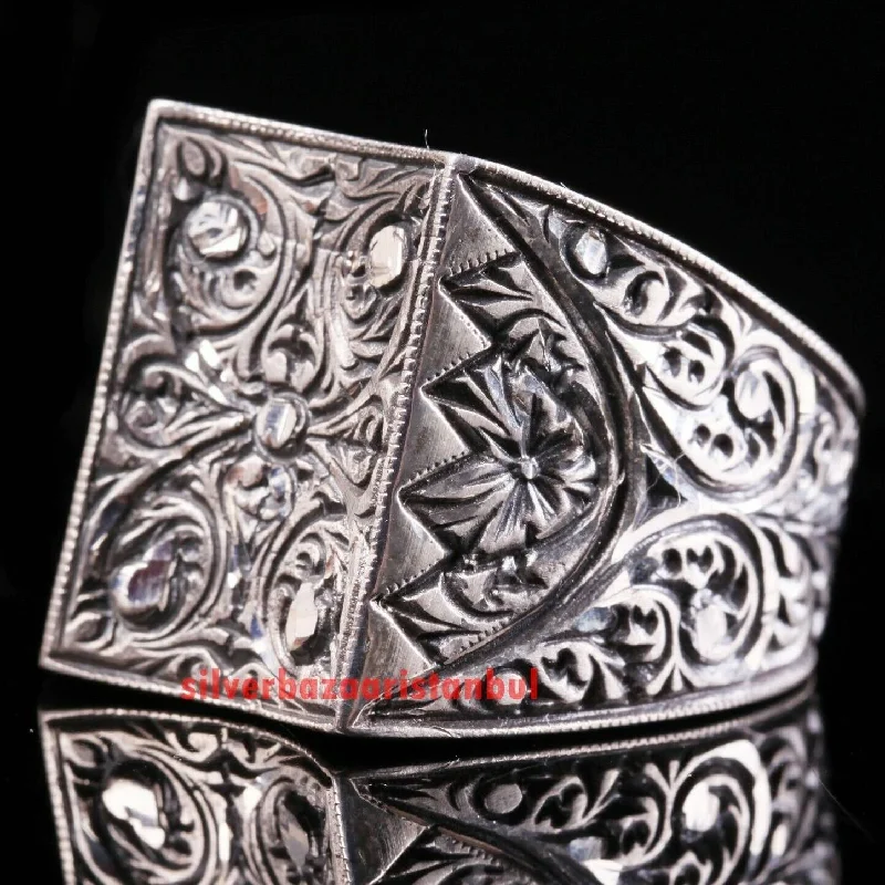 Handmade Special Pencil Work 925 Sterling Silver No Stone Mens Ring