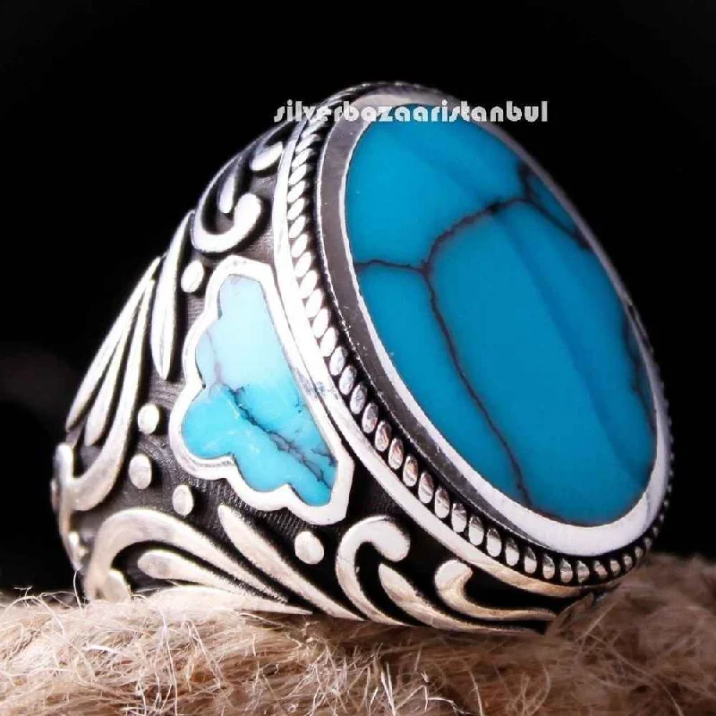 Handmade Turquoise Stone 925 Sterling Silver Men Solid Sword Ring