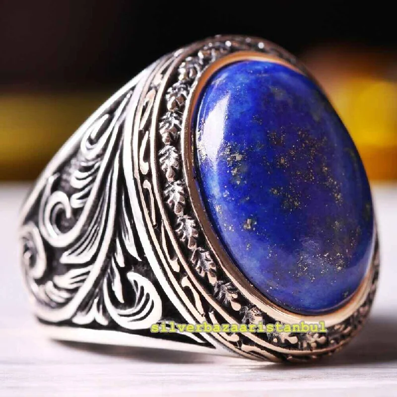 Heavy Lapis Stone Handmade 925 Sterling Silver Turkish Mens Ring