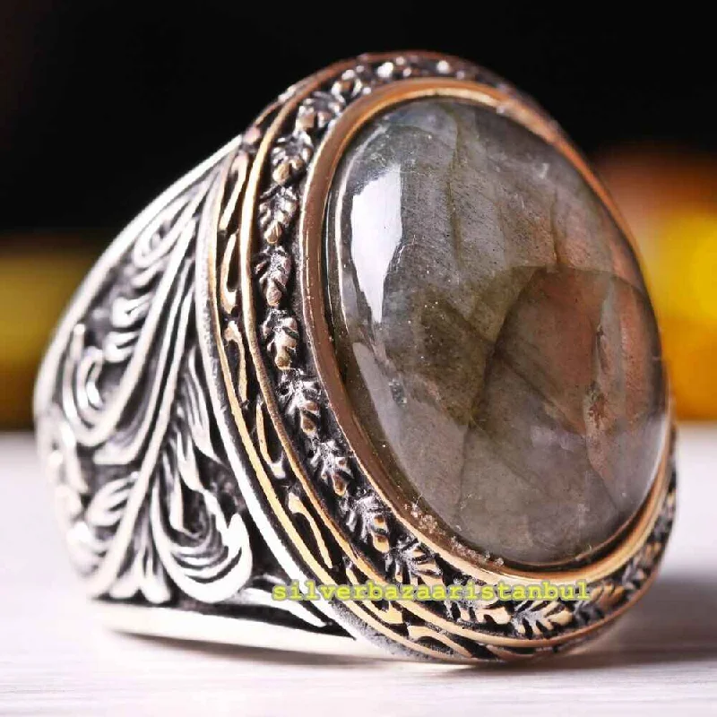 Heavy Natural Labradorite Stone 925 Sterling Silver Mens Ring