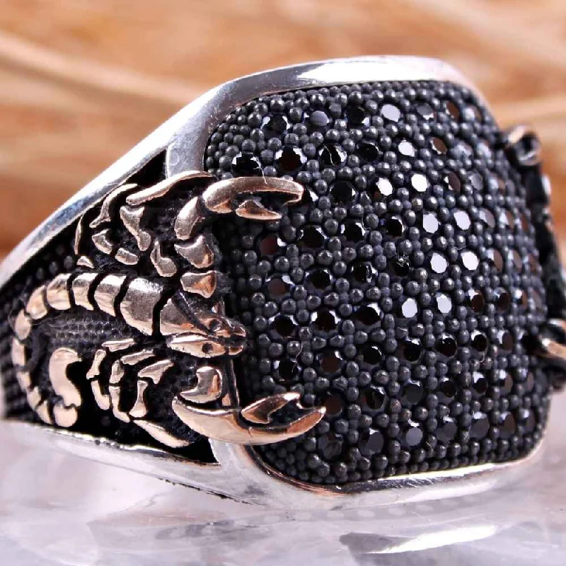 Heavy Scorpion Onyx Stone 925 Sterling Silver Black Mens Ring