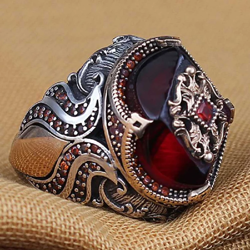 Hexagonal Ruby Stone 925 Sterling Silver Mens Ring