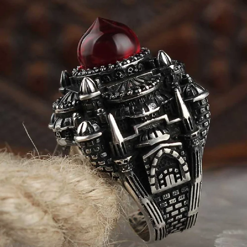 Islamic Mosque Design Ruby 925 Sterling Silver Mens Ring