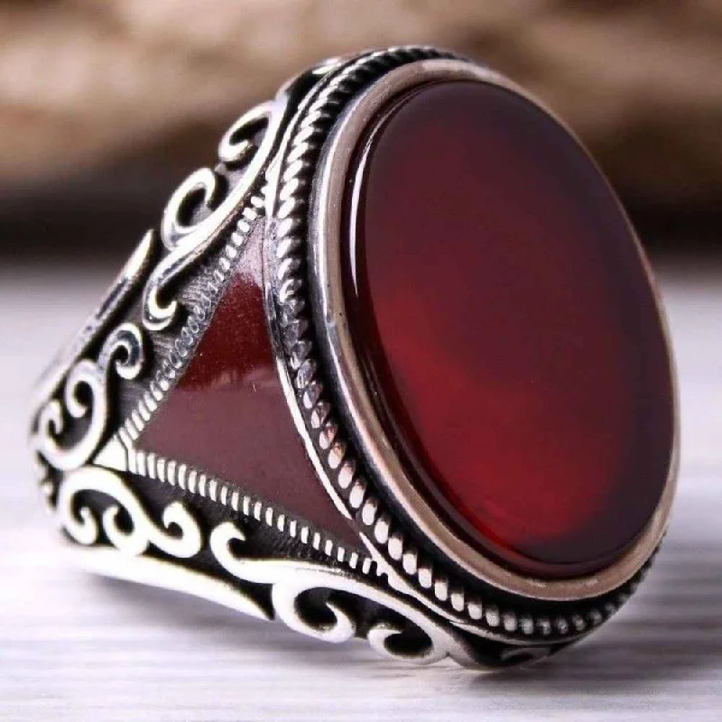 Jewelry 925 Sterling Silver Red Agate Aqeeq Mens Ring