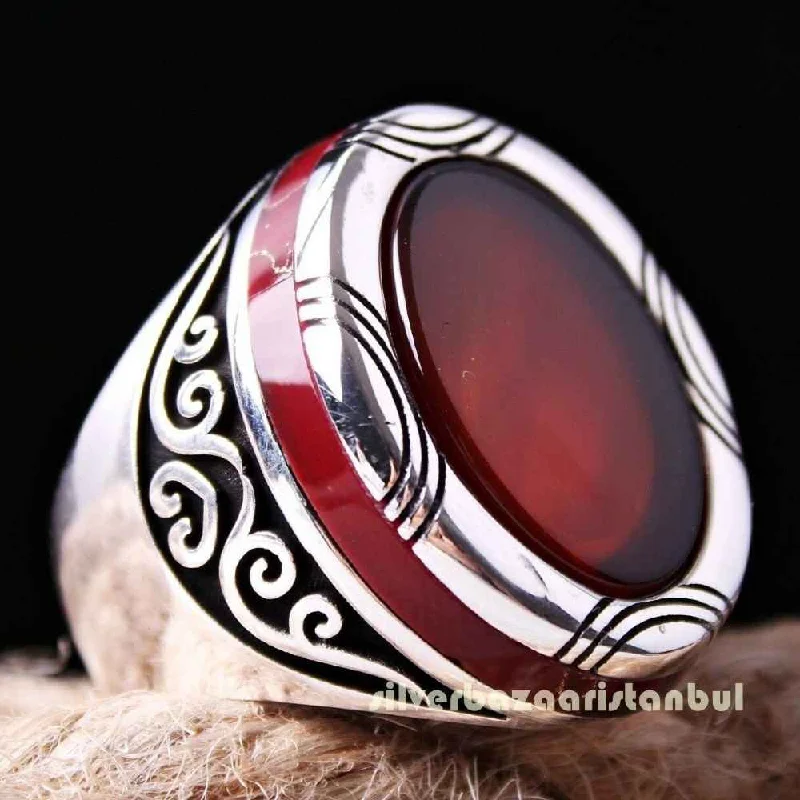 Jewelry 925 Sterling Silver Red Agate Aqeeq Oval Mens Ring