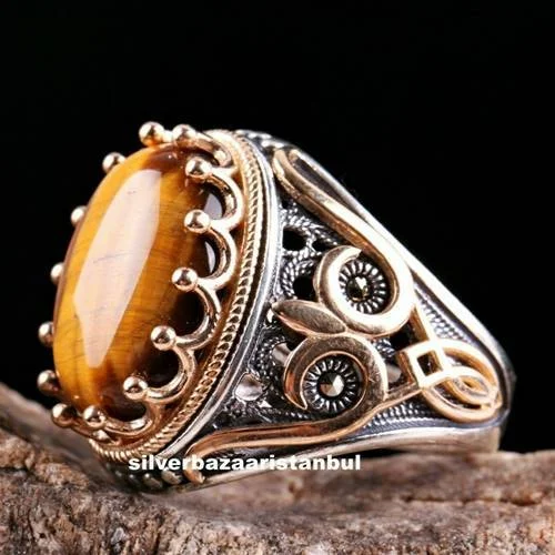 King 925 Sterling Silver Natural Tigers Eye Stone Mens Ring