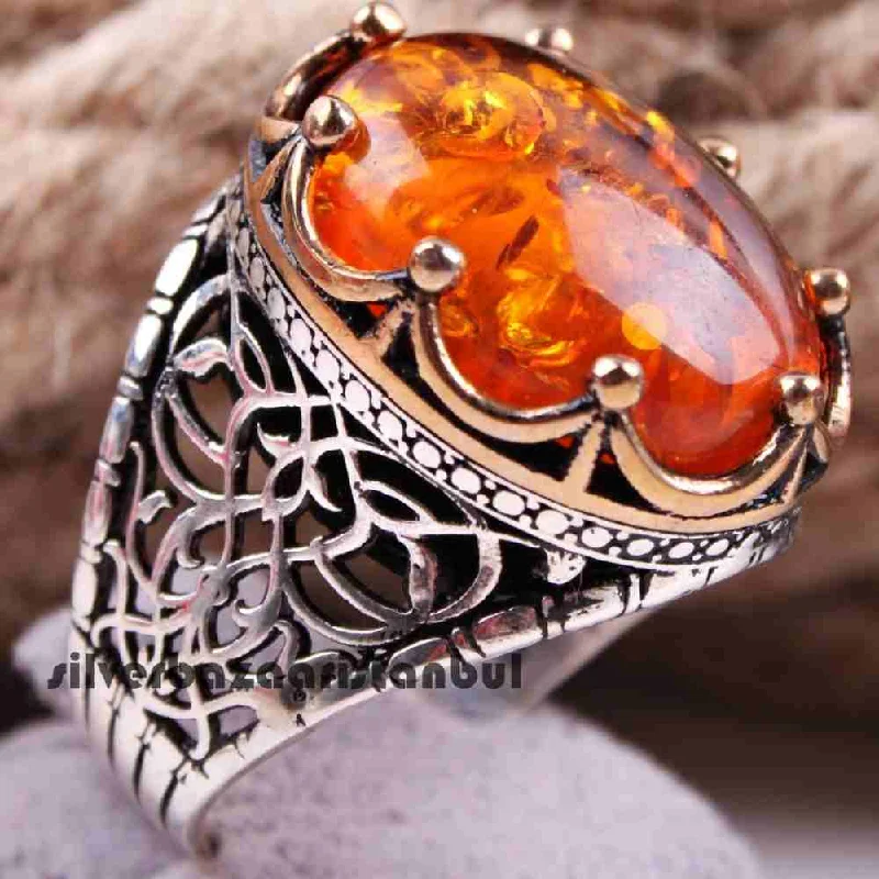 King Crown Amber Stone 925 Sterling Silver Mens Ring