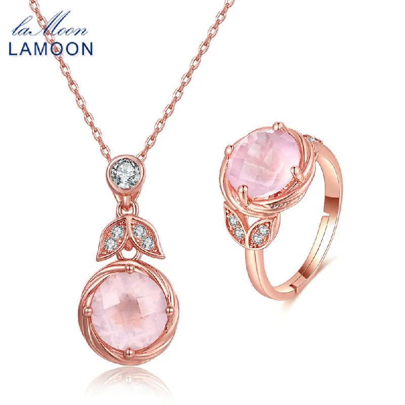 LAMOON 925 Sterling Silver Jewelry Sets for Women Romantic Pink 100% Natural Rose Quartz Necklace Ring Set Engagement V023-3