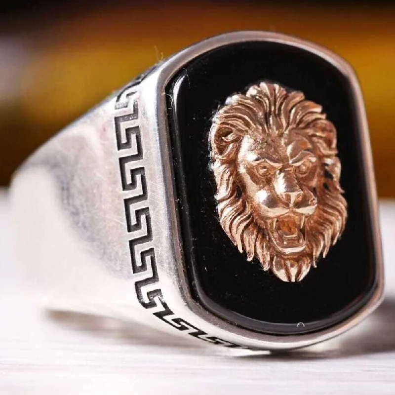 Lion Head Black Onyx Stone 925 Sterling Silver Handmade Mens Ring