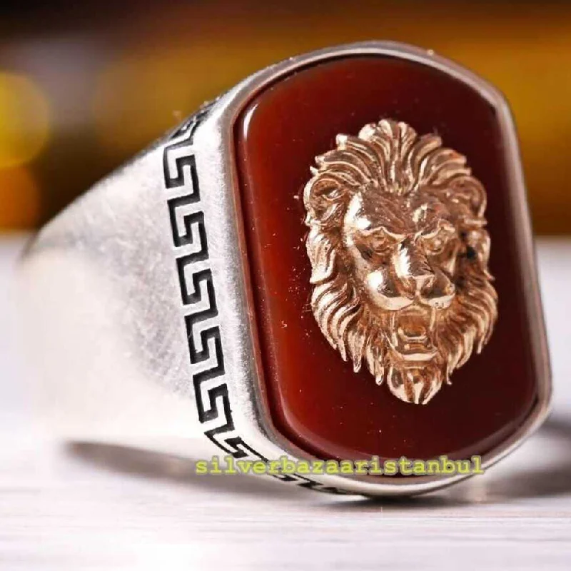 Lion Head Red Agate Aqeeq Stone 925 Sterling Silver Mens Ring