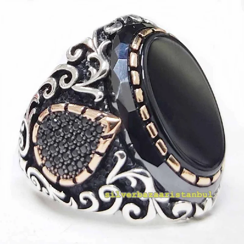 Luxury Black Onyx Stone Handmade 925 Sterling Silver Mens Ring