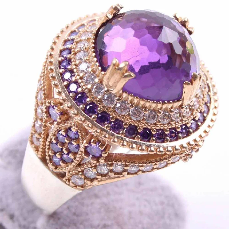 Luxury Cut Round Amethyst Stone 925 Sterling Silver Lady Ring