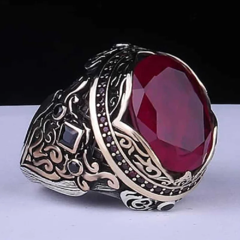 Luxury Cut Ruby and Onyx Multi Stone 925 Sterling Silver Ring for Men