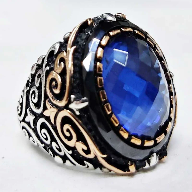 Luxury Plain 925 Sterling Silver Mens Ring with Sapphire Stone