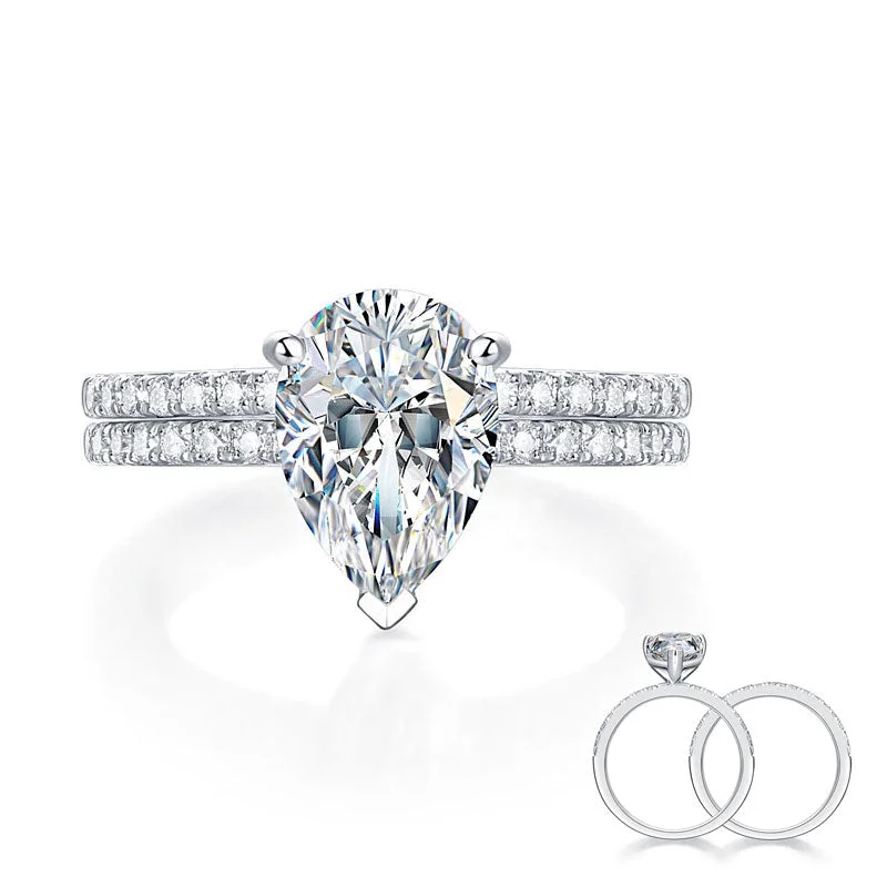 2 Carat Pear Cut Moissanite Diamond  Ring Set (1 pcs / 2 pcs) 925 Sterling Silver MFR8367