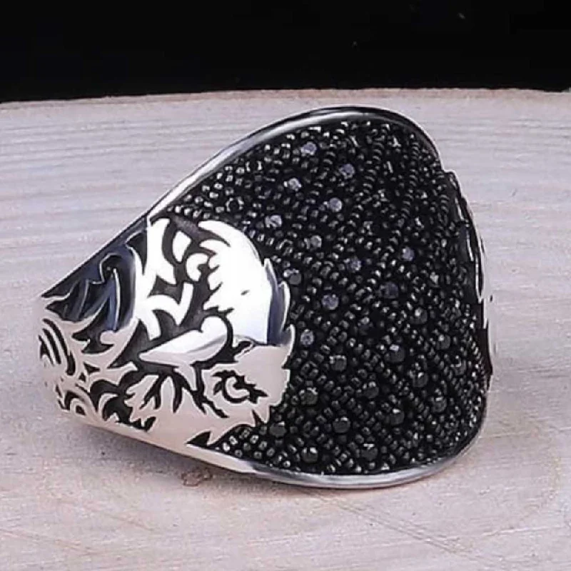 Micro Black Onyx Stone Eagle Style 925 Sterling Silver Mens Ring