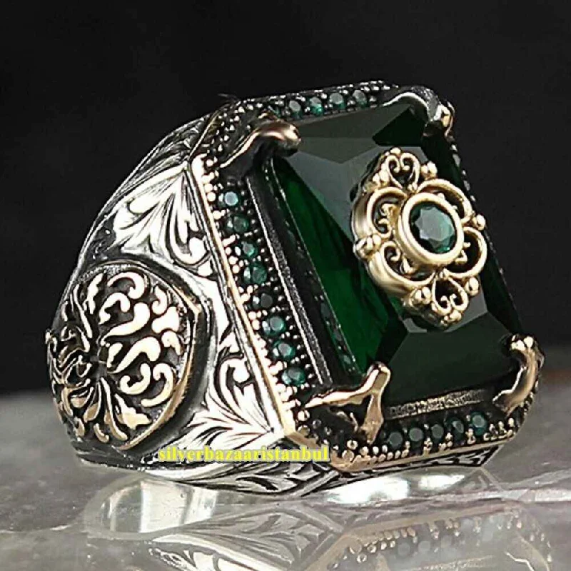 Most Popular Emerald Handmade 925 Sterling Silver Mens Ring