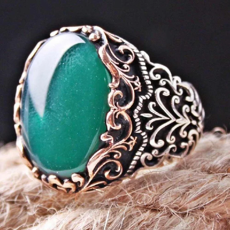 Most Popular Green Agate Style 925 Sterling Silver Mens Ring